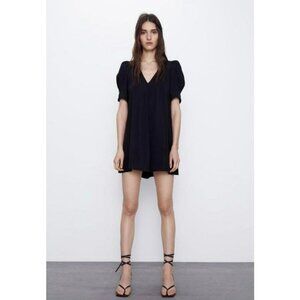 Zara Black Puff Sleeve Mini Dress‎ V Neck Size Small